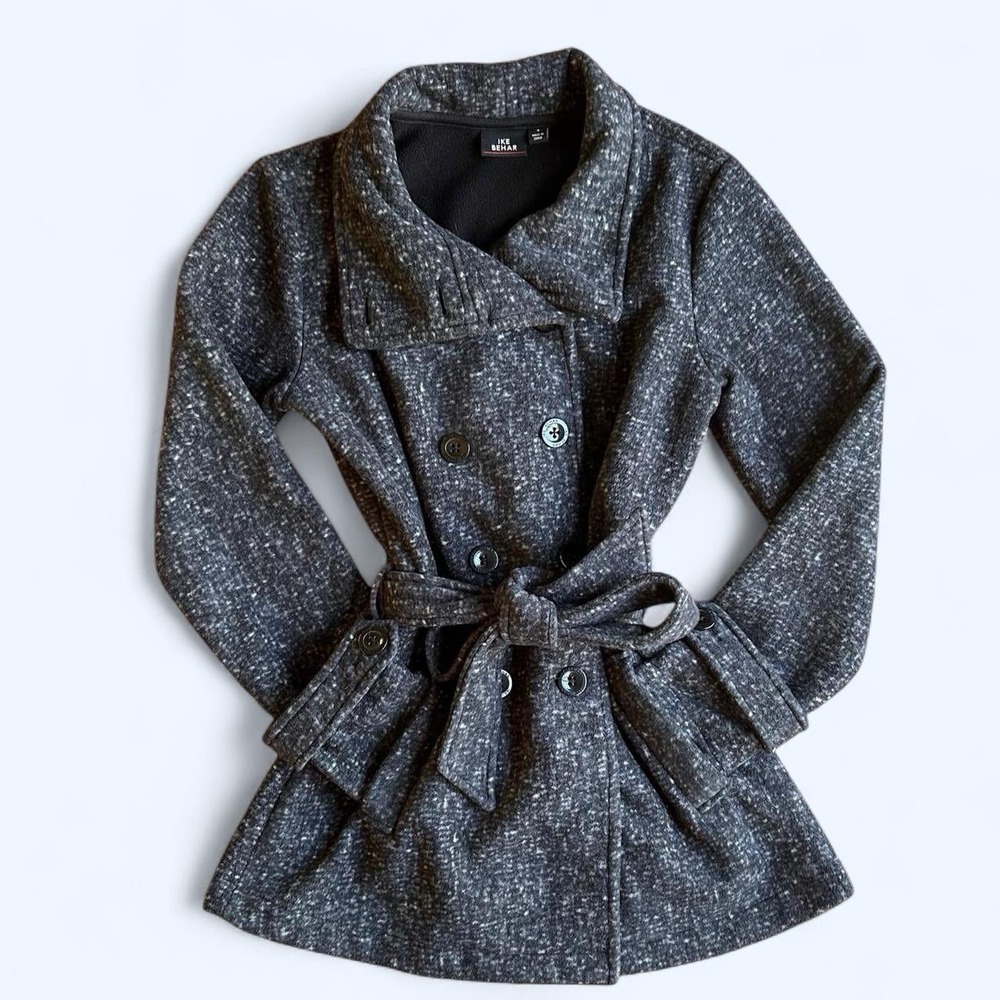 IKE BEHAR Women's Gray Speckled Belted Double-Breasted Peacoat Size S